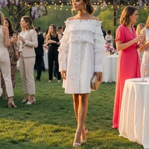 # A035  Nancy Romantic chic White Off Shoulder Layered Ruffle Dress  NEW  M